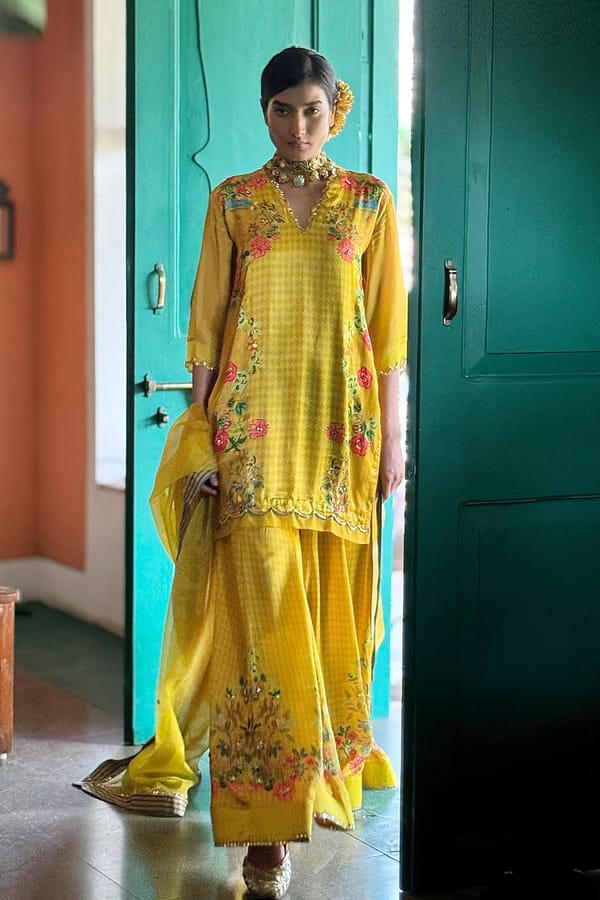 Yellow Scallop V-Neck Kurta Set with Sharara and Dupatta — Basil Leaf