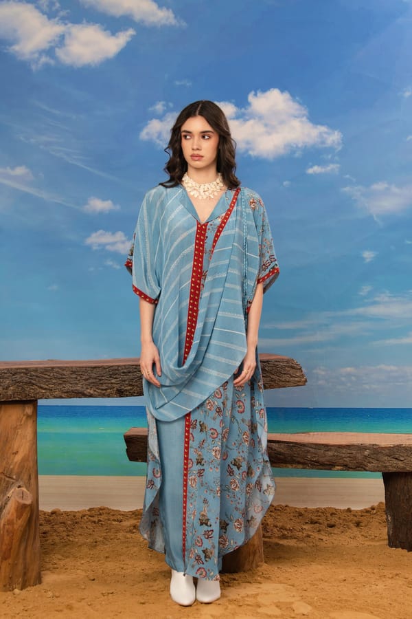 Blue Printed Kaftan Tunic and Straight Pants Co-ord Set — ISHA GUPTA TAYAL