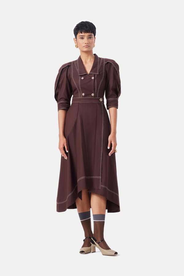 Chocolate Brown Cotton Twill Fit and Flare Midi Dress — NOTEBOOK