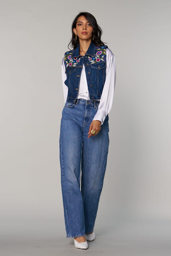 Blue Cropped Denim Vest with Floral Embroidery — Style Island