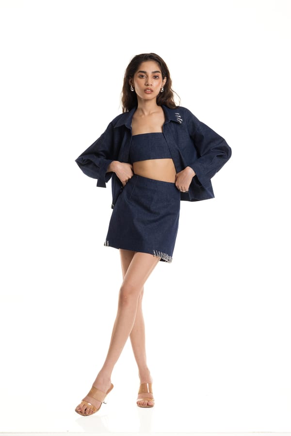 Denim Blue Cropped Oversized Jacket with Embellished Trim — Studio MuGu
