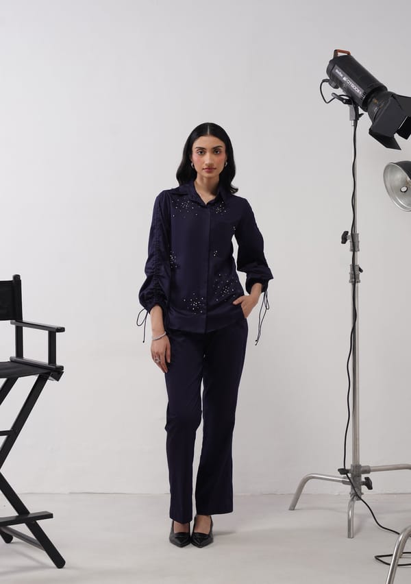 Navy Rhinestone Embellished Shirt and Trouser Co-ord Set — AMOSHI