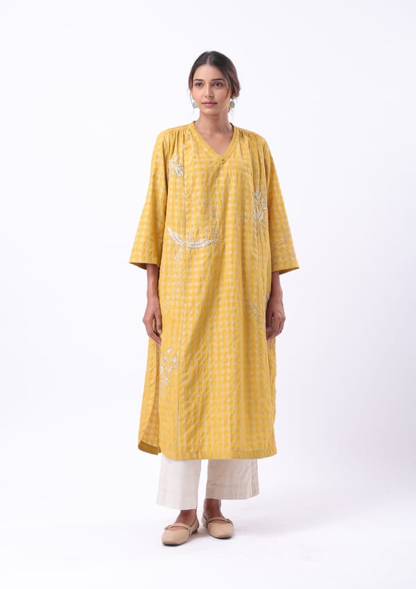 Yellow Checked Embroidered V-Neck Long Tunic Top — Subtle Shuttle Studio