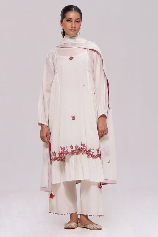 Ivory and Maroon Embroidered Cotton Kurta Set — Ganga Fashions Pvt Ltd