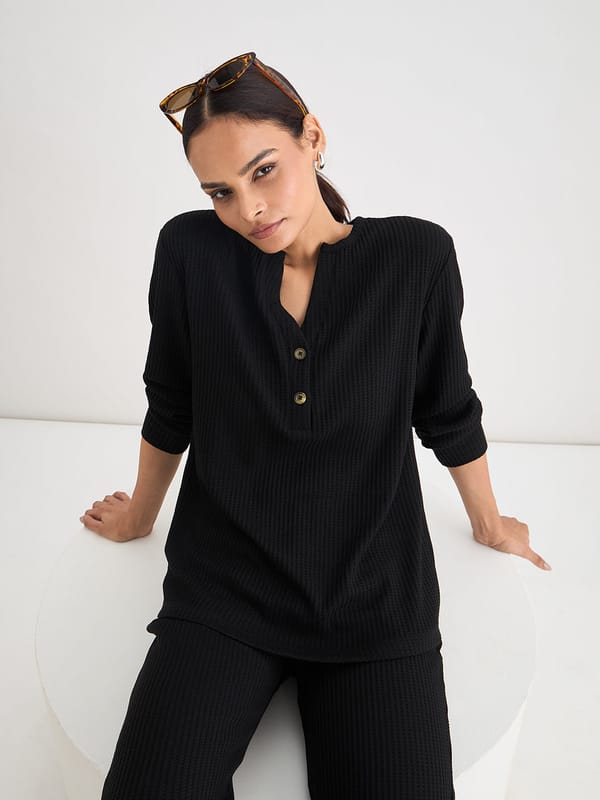 Waffle Knit Notch Neck Top — Femmella