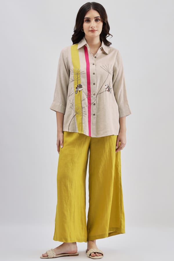Beige Linen Shirt with Contrast Panels and Embroidery — Linen Bloom