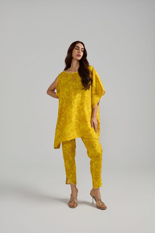 Yellow Linen Paisley Kaftan Co-ord Set with Tulip Pants — Prink Tonic