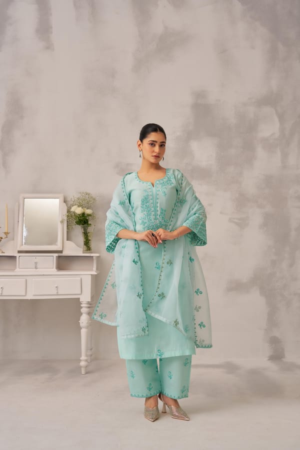 Sea Green Chanderi Silk Embroidered Suit Set with Dupatta — NARAYANI VASTRA