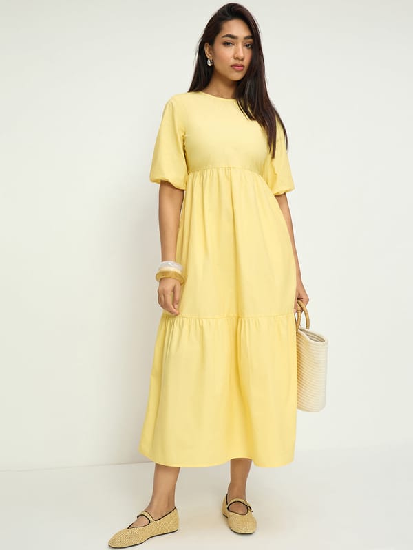 CrispCotton Yellow Tiered Dress — Femmella