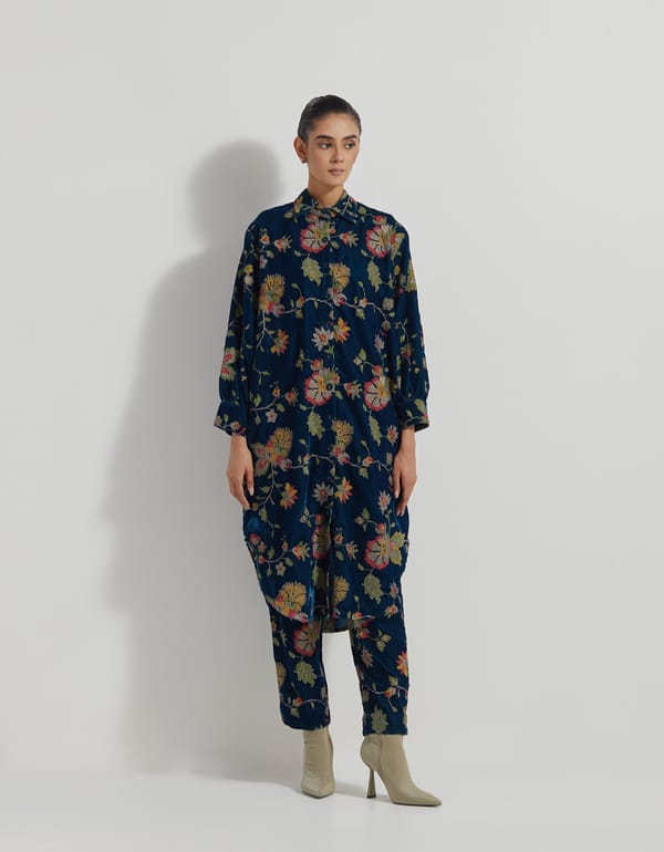 Teal Velvet Embroidered Tunic and Pants Co-ord Set — Kavita Bhartia