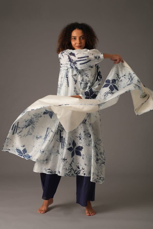 Navy Blue Printed Chanderi Silk Co-ord Set with Scarf — Khat