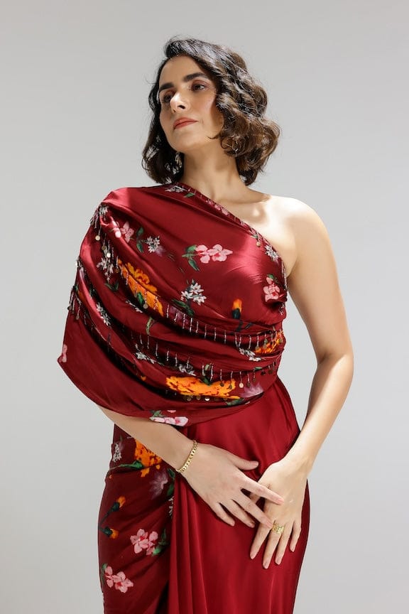Maroon One-Shoulder Floral Draped Maxi Gown — STUDIO SURBHI