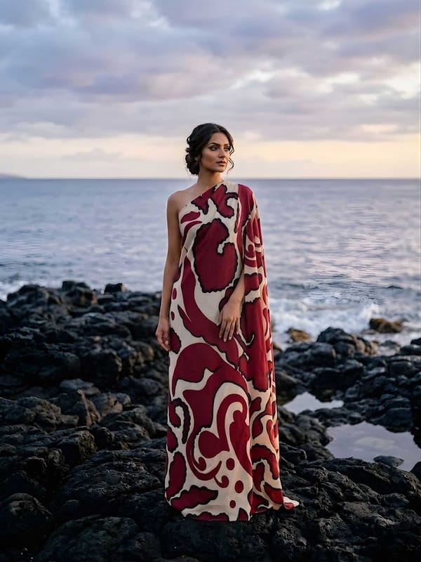 Maroon Abstract Print One-Shoulder Maxi Kaftan Dress — POPPI