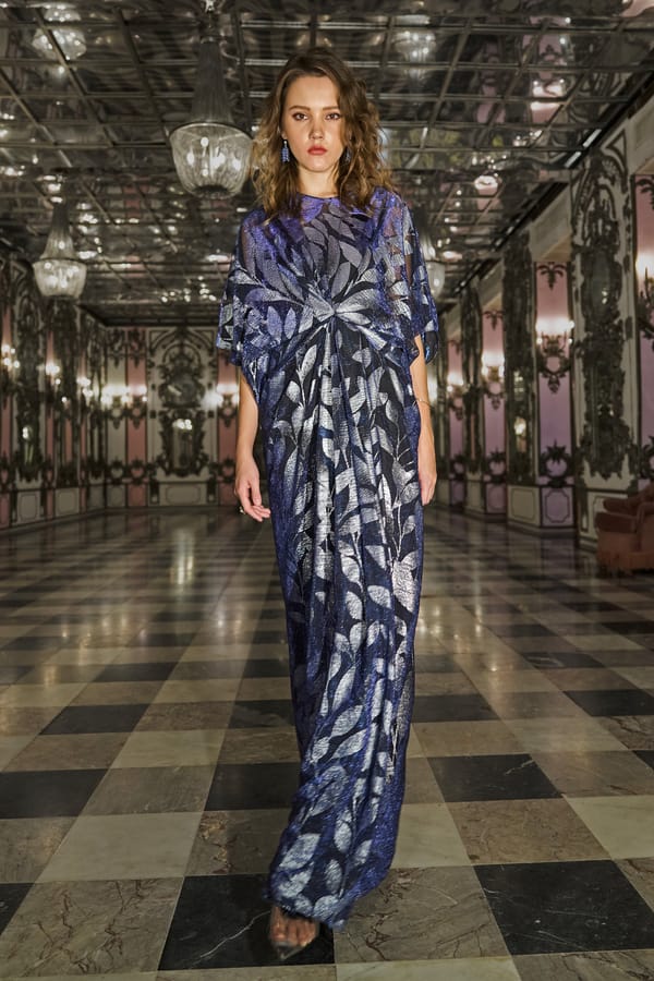 Navy Metallic Leaf-Print Draped Maxi Kaftan — Dash and Dot