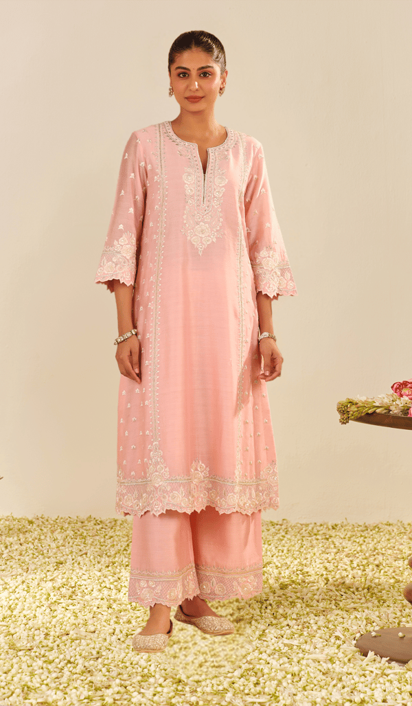 Blush Pink A-Line Kurta and Palazzo Set with Tonal Embroidery — Sheetal Batra