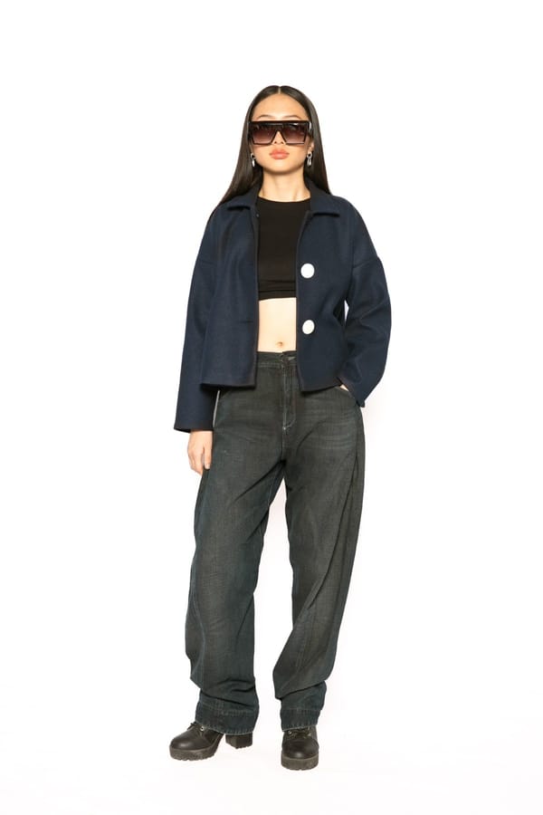 Blue Cropped Boxy Shacket Jacket with Statement Buttons — Contemponari