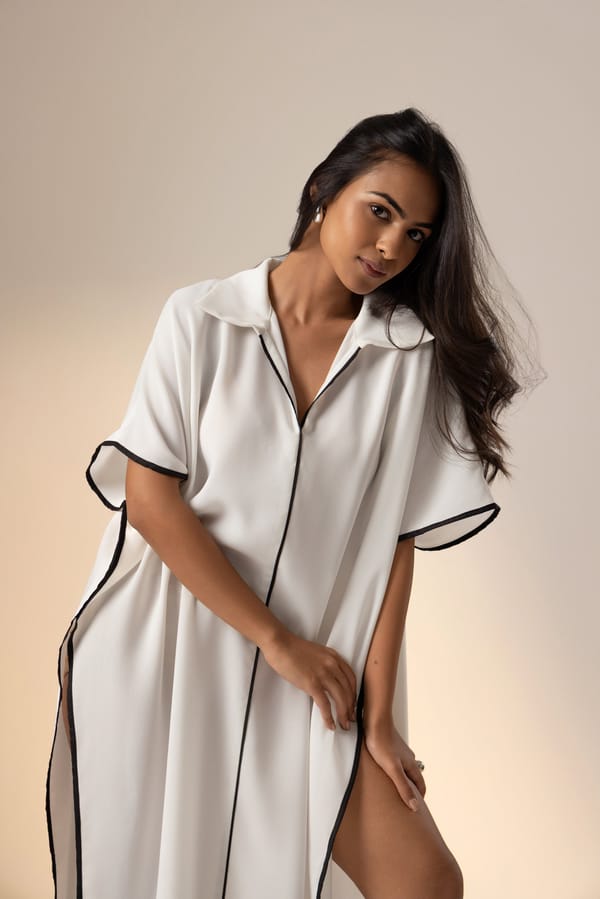 White Georgette Kaftan with Black Contrast Piping — Studio MuGu