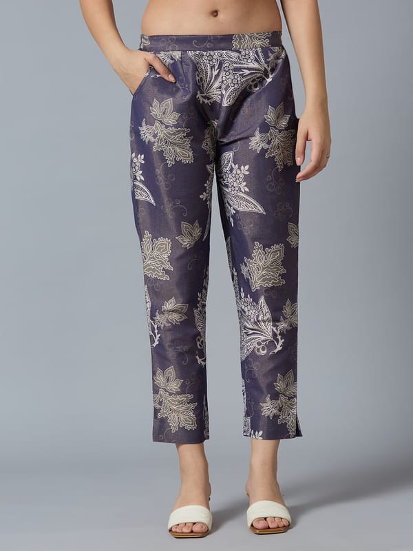 Navy Metallic Floral Printed Straight-Leg Trousers — Cloth Haus