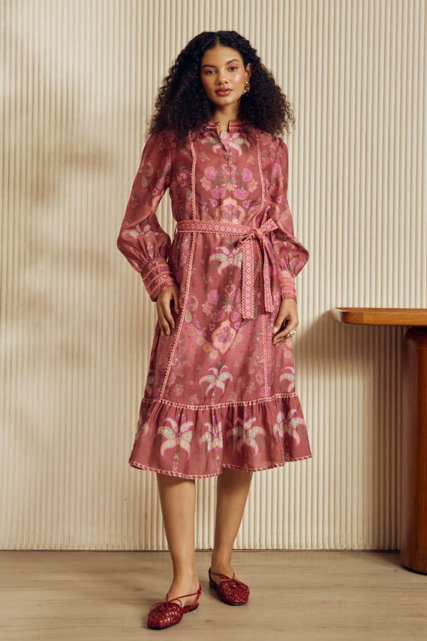 Rust Floral Fit and Flare Midi Dress with Lace Trim — Sttavoss