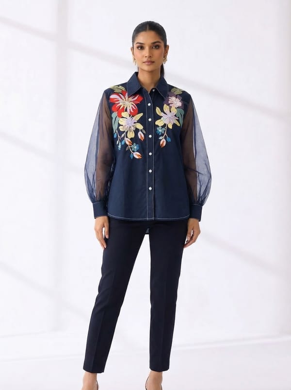Big Flower Sheer Sleeve Shirt — RUCHIKA MALLIKA LABEL