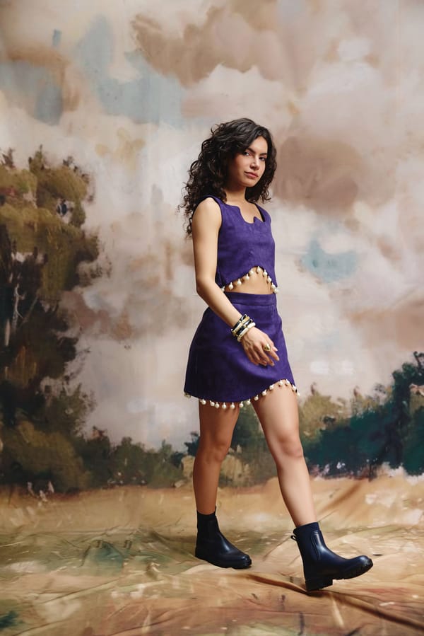 Deep Purple Suede Mini Skirt with Pearl Hem Trim — Zip by Payal Zinal
