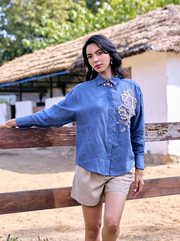 Blue Cotton Shirt with Statement Applique Motif — Style Island