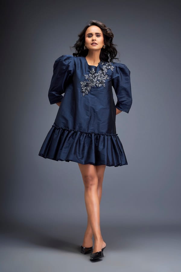 Puff-sleeve Dress With Swarovski Floral Applique — Deepika Arora