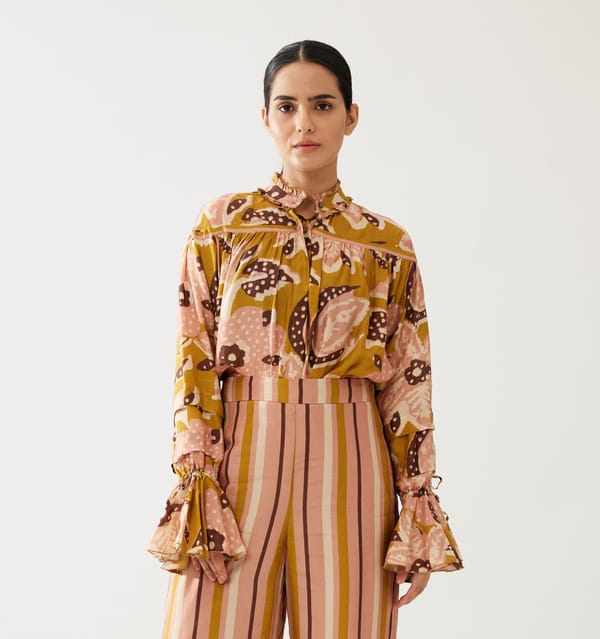 Mustard And Pink Floral Frill Collar Shirt — KoAi