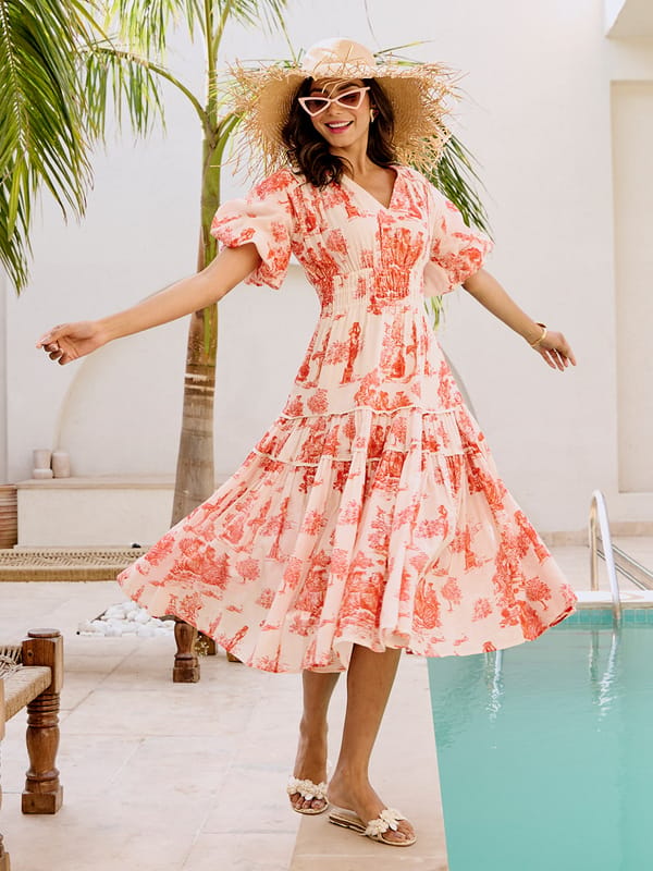 Ivory Poplin Toile Print Tiered Midi Dress — HOUSE OF FETT