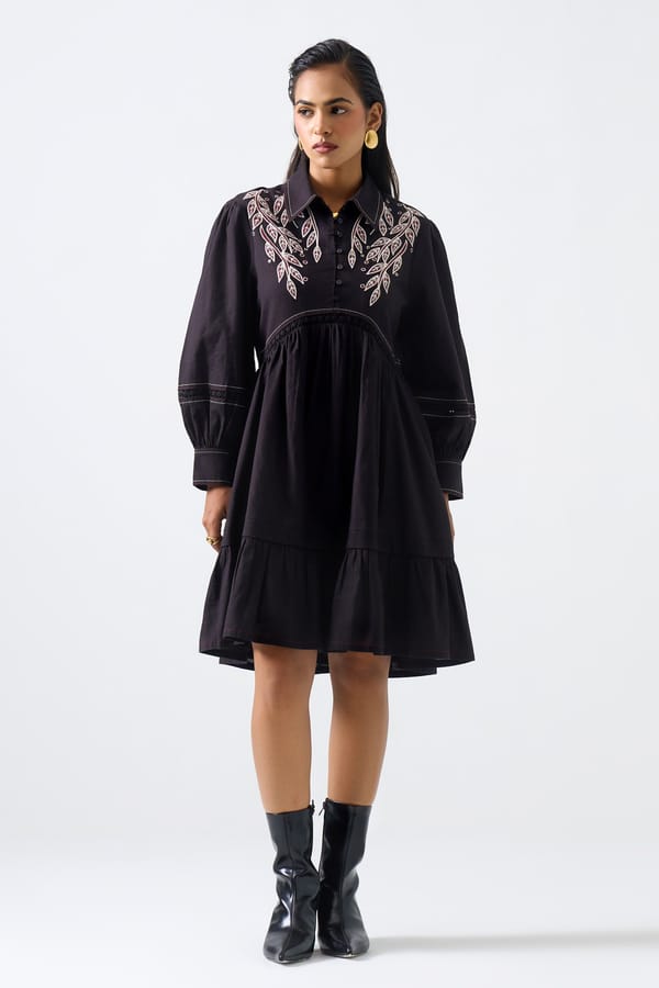 Black Tiered Shirt Dress with Yoke Embroidery — STITCH STORIES