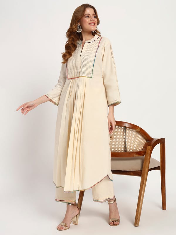 Ivory Organic-Cotton Yoke-Pintuck Kurta Set — Gotta Kinari
