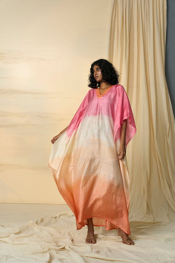Mulberry Silk Pink-Orange Ombre Maxi Kaftan — ALTER NATIVE