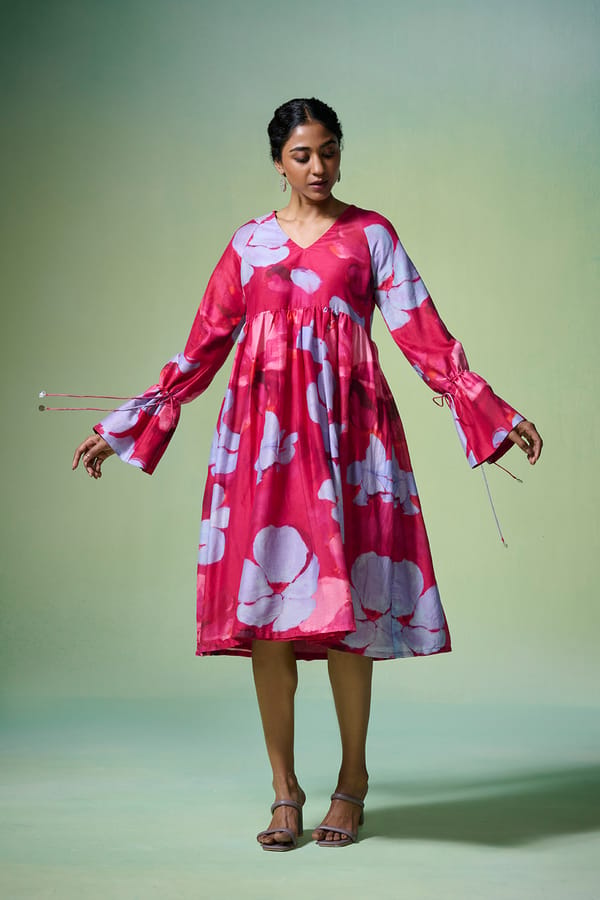 Deep Pink Floral Chanderi Midi Dress with Tie-Up Sleeves — Dressfolk