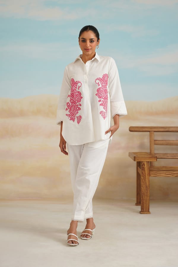 Cream Cotton Linen Embroidered Shirt and Pant Co-ord Set — NEETIKA CHOPRA
