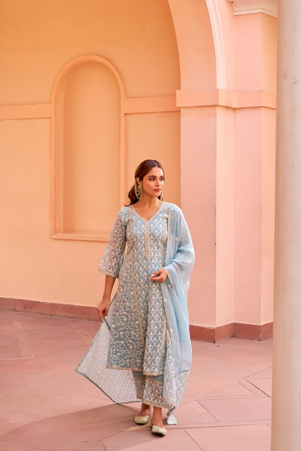Blue Organza A-Line Embroidered Kurta Set with Dupatta — NARAYANI VASTRA