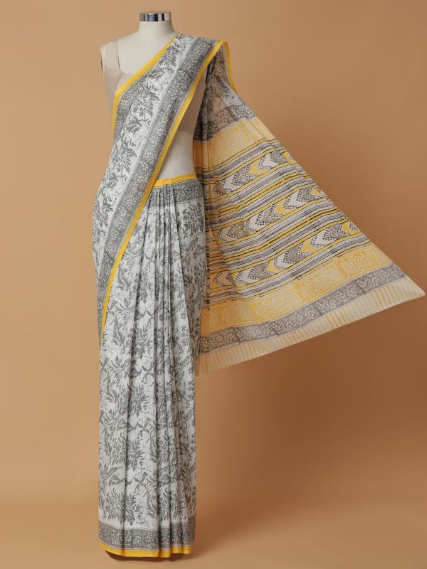 Hand Block Printed Off-White Cotton Mulmul Rozaana — BINKS