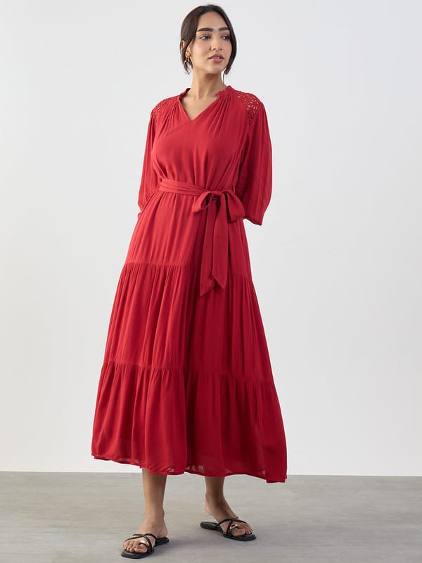 Red Schiffli Tiered Maxi Dress — Femmella