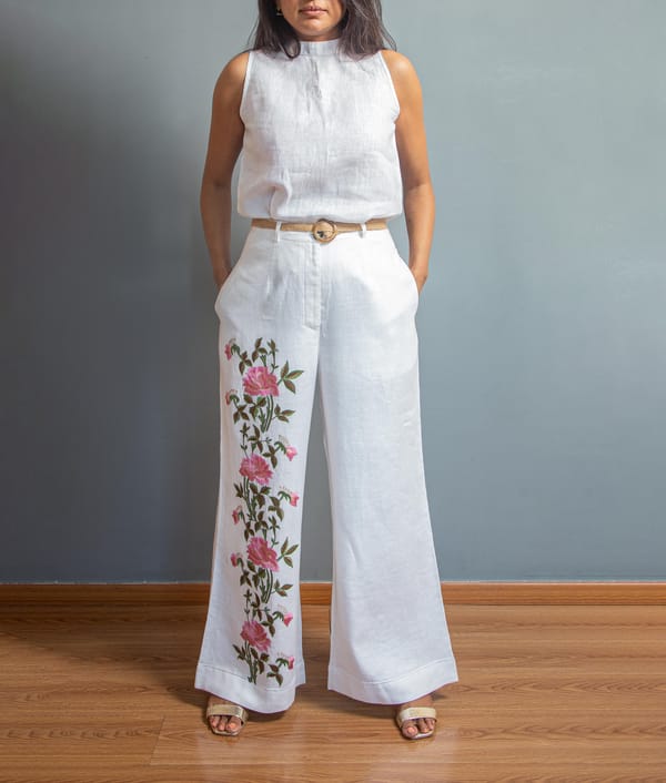 White Linen Wide-Leg Trousers with Rose Vine Embroidery — HEADSTRONG