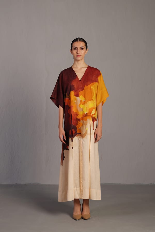 Ochre Abstract Printed Linen Maxi Dress — CLOS
