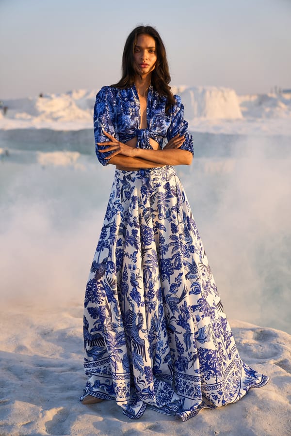 White/Blue Porcelain Print Tie-Front Top and Maxi Skirt Set — Dash and Dot