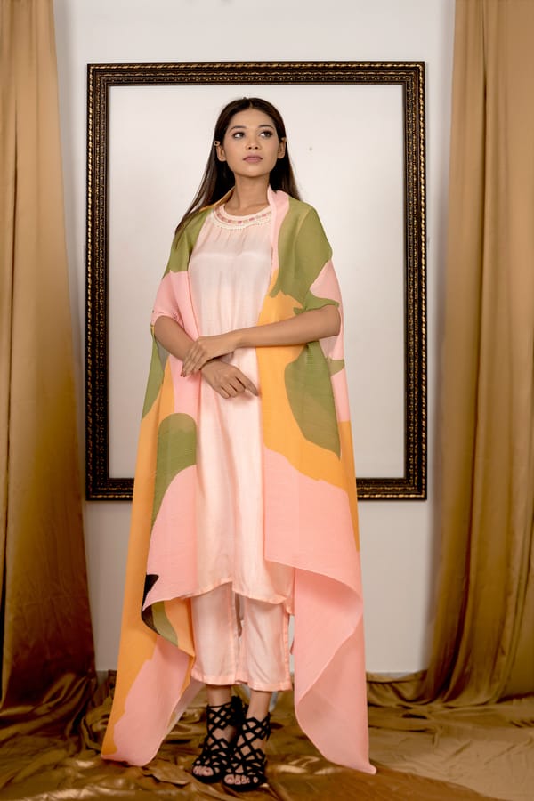 Pink Kurta Set with Pleated Colour-Block Cape — PREETI MEHTA
