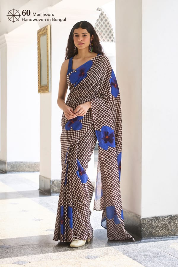 Multicolor Checked Cotton Saree with Blue Floral Print — Dressfolk