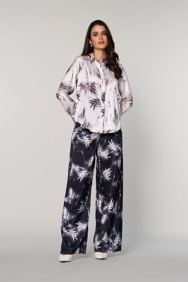 Black Satin Wide-Leg Pants with White Bamboo Print — Style Island