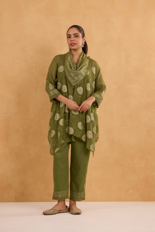 Asymmetric Tissue Patch Embroidered Cowl Tunic Set — Omi Clothing