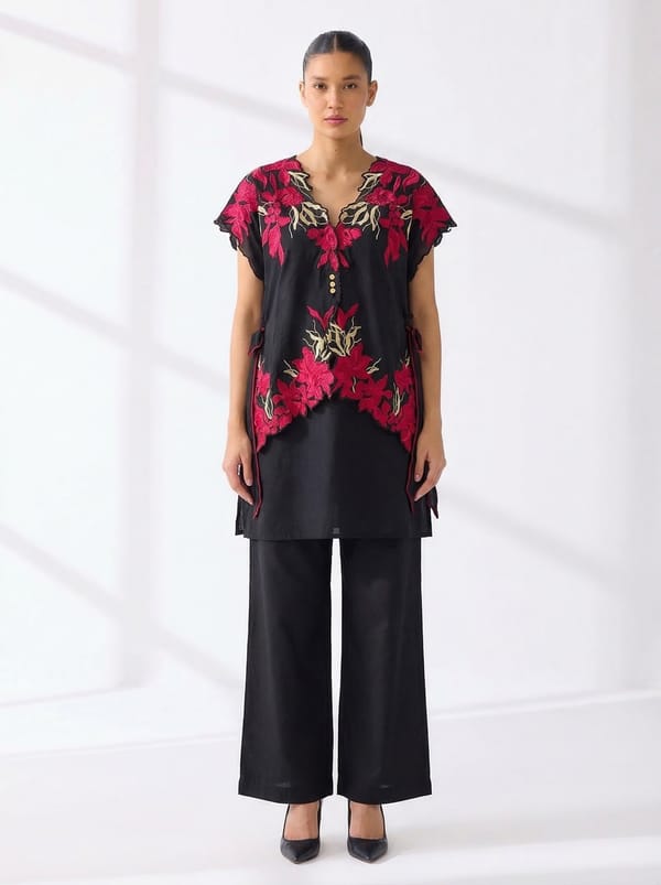 Black Embroidered Tunic and Wide-Leg Pants Co-ord Set — Madder Much