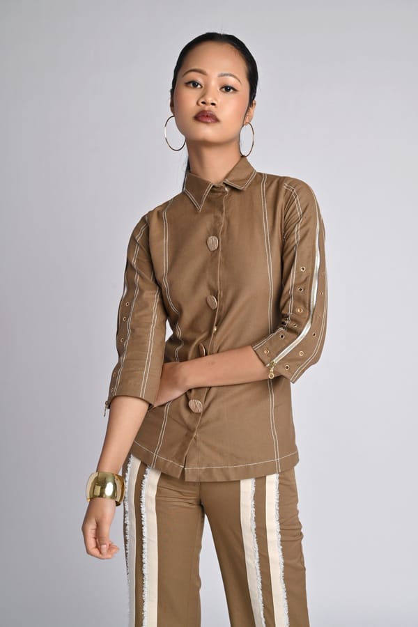 Rust Brown Button-Front Shirt with Contrast Stitching — Veera Wear