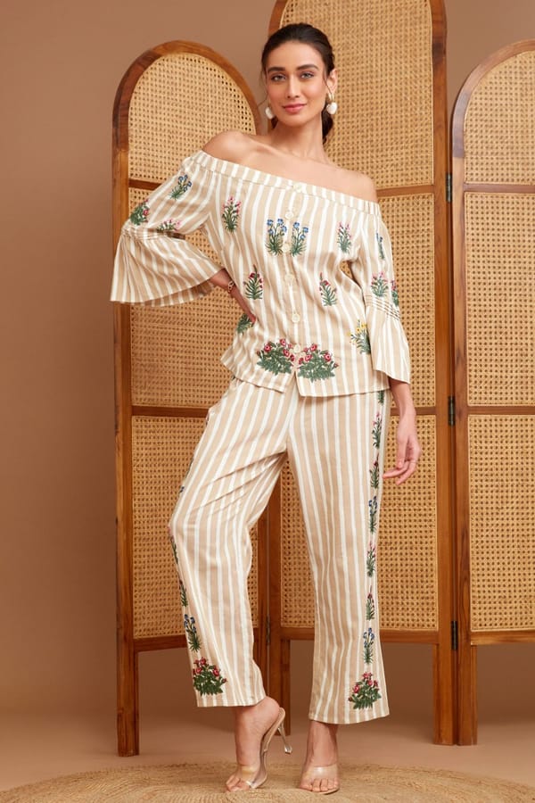 Beige Striped Off-Shoulder Cotton Co-ord Set — BOHO-CHIC