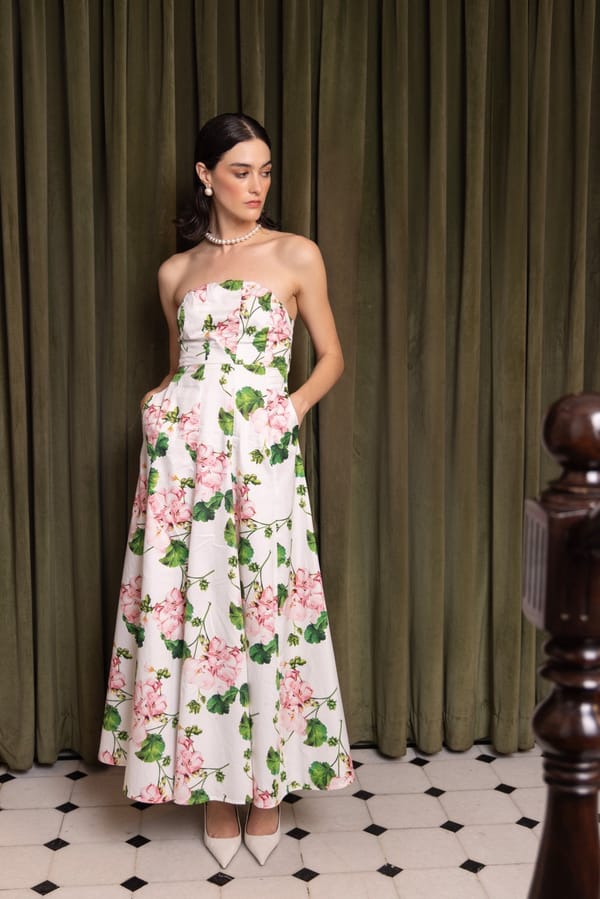 White/Pink Floral Strapless Maxi Dress with Lace-Up Back — Sage by Mala