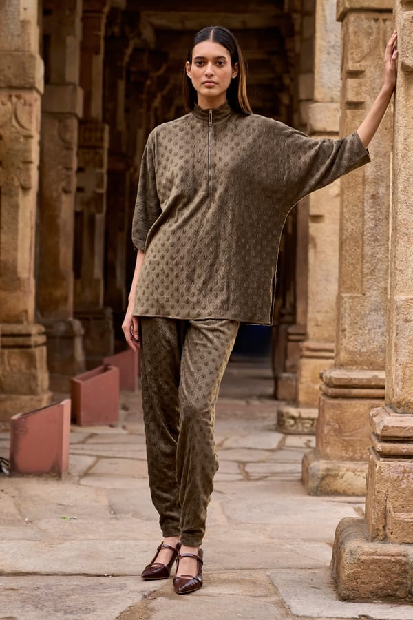 Brown Textured Sueded Knit Tapered Trousers — Dash and Dot