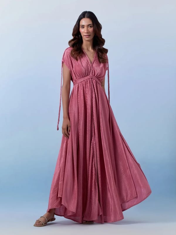 Dark Pink Pleated Maxi Gown with Braided Tie Belt — HOUSE OF FETT